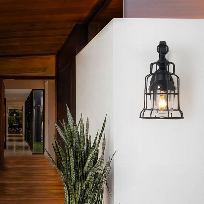 Avtoit | 1 Light Bell Shade Wall Lamp Industrial Black Glass Wall Lamp for Corridor with Metal Cage Frame