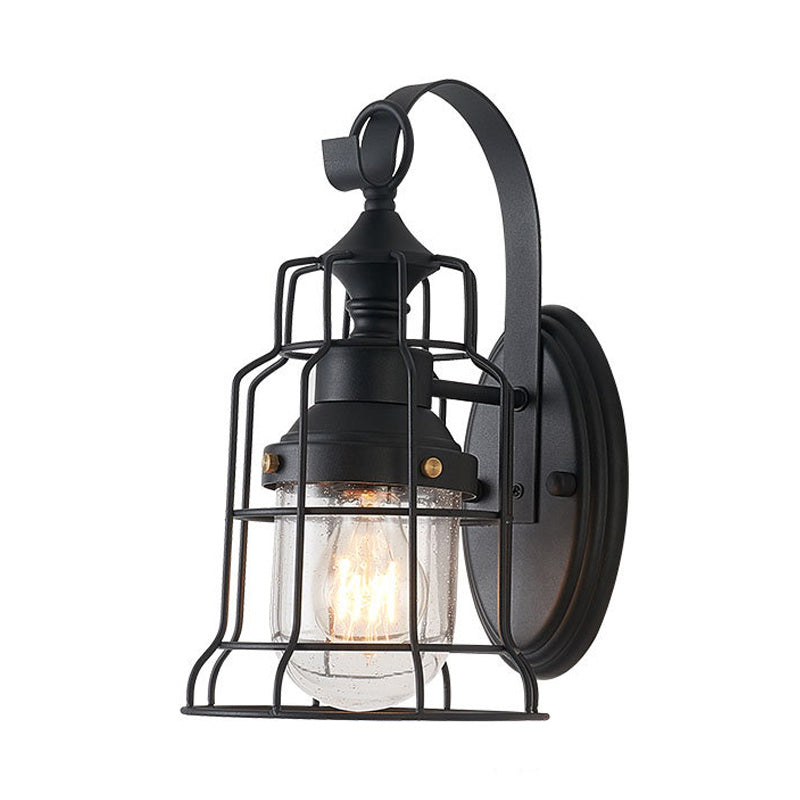Avtoit | 1 Light Bell Shade Wall Lamp Industrial Black Glass Wall Lamp for Corridor with Metal Cage Frame
