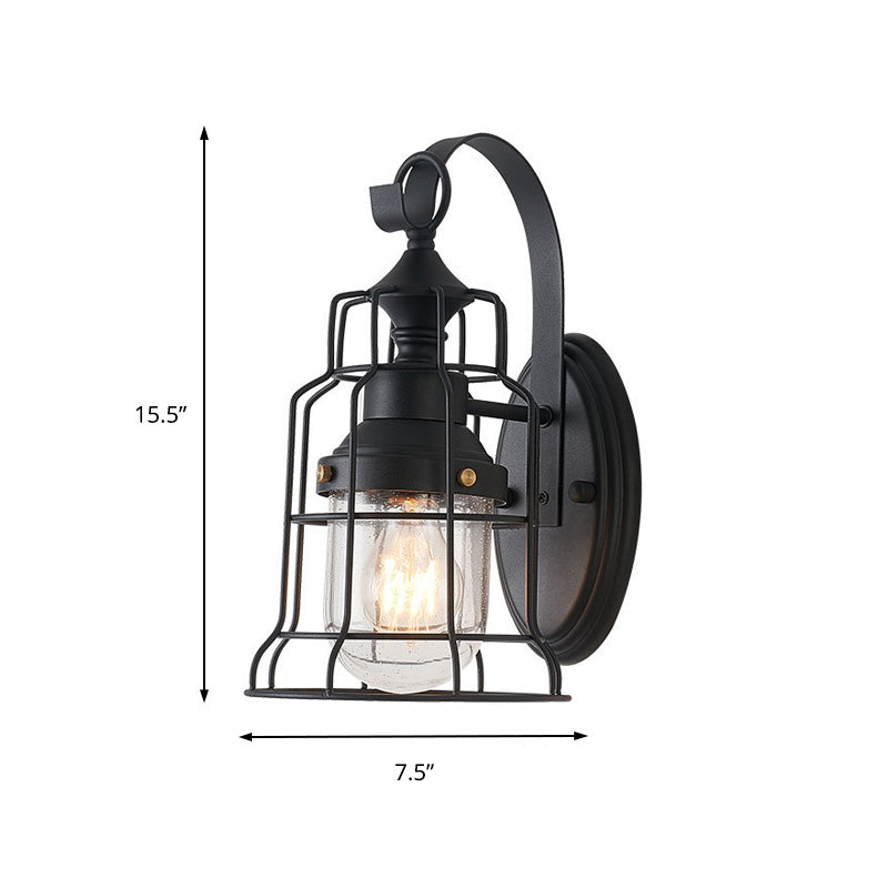 Avtoit | 1 Light Bell Shade Wall Lamp Industrial Black Glass Wall Lamp for Corridor with Metal Cage Frame