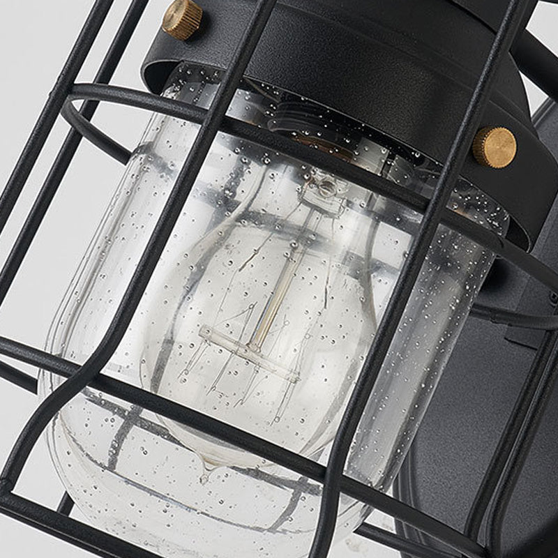 Avtoit | 1 Light Bell Shade Wall Lamp Industrial Black Glass Wall Lamp for Corridor with Metal Cage Frame