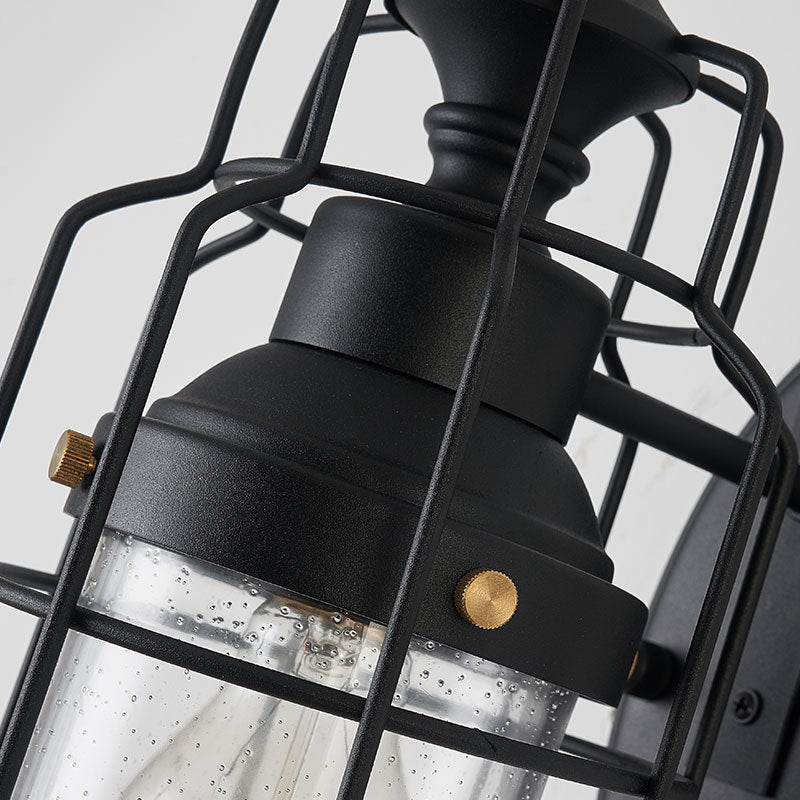 Avtoit | 1 Light Bell Shade Wall Lamp Industrial Black Glass Wall Lamp for Corridor with Metal Cage Frame
