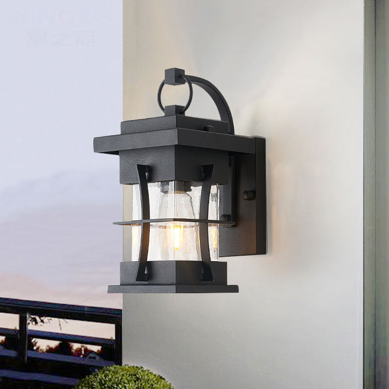 Avtoit | Clear Glass Black Wall Light Square/Rectangle 1-Light Coastal Wall Lamp Fixture with Iron Cage