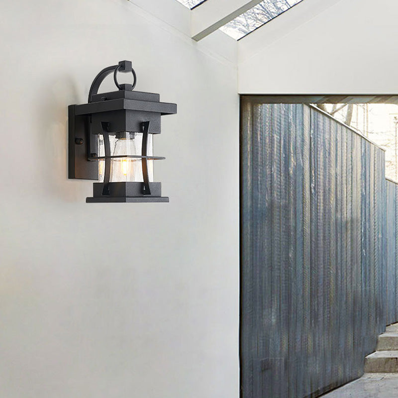Avtoit | Clear Glass Black Wall Light Square/Rectangle 1-Light Coastal Wall Lamp Fixture with Iron Cage