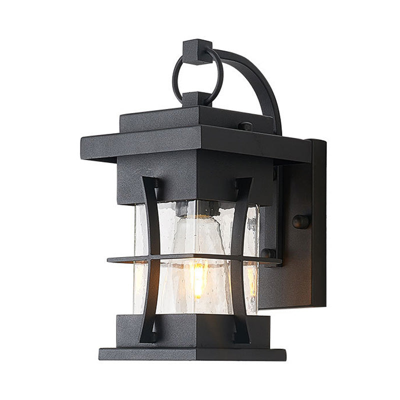 Avtoit | Clear Glass Black Wall Light Square/Rectangle 1-Light Coastal Wall Lamp Fixture with Iron Cage