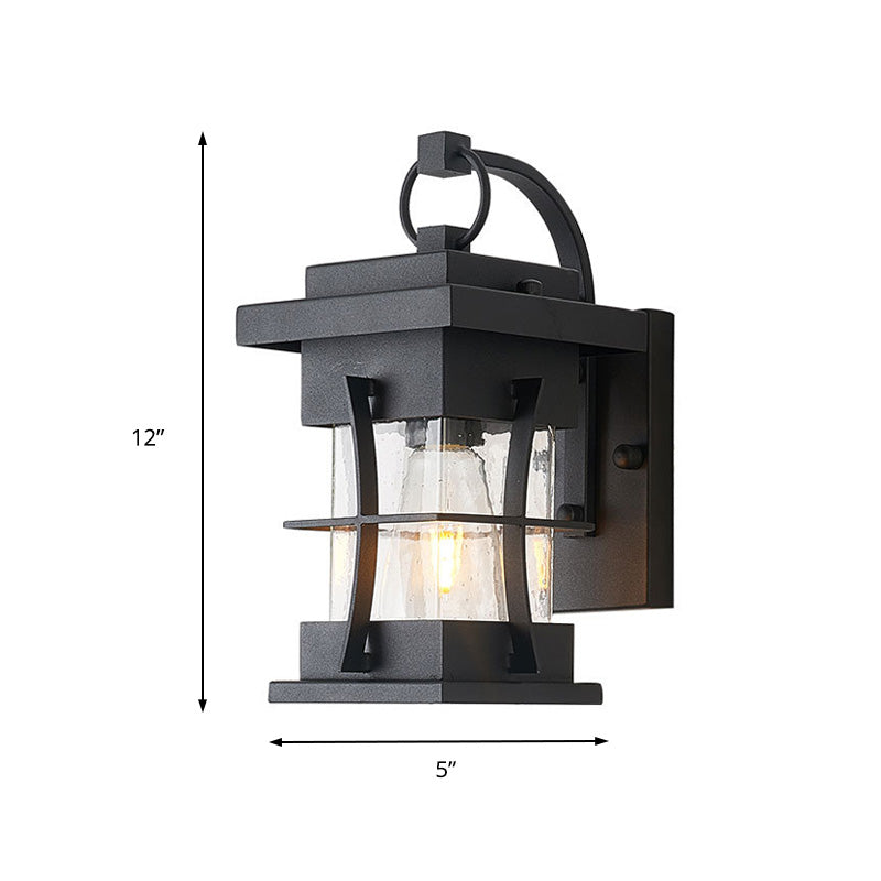 Avtoit | Clear Glass Black Wall Light Square/Rectangle 1-Light Coastal Wall Lamp Fixture with Iron Cage