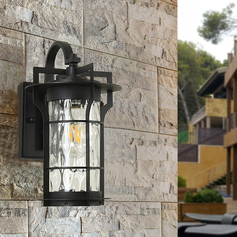 Avtoit | Clear Glass Black Wall Light Square/Rectangle 1-Light Coastal Wall Lamp Fixture with Iron Cage