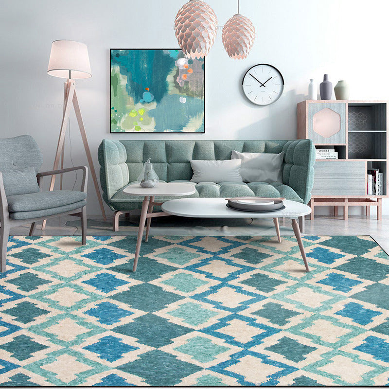 Avtoit | Geometric Southwest Rug Blue Diamond Trellis Rug Anti-slip Back Power Loom Indoor Rug