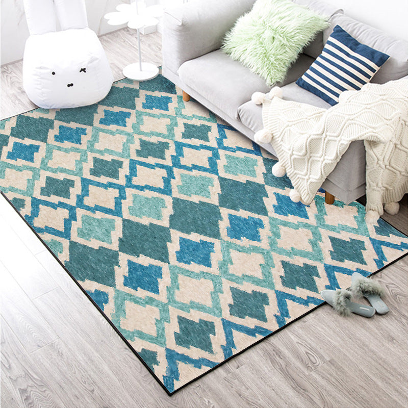 Avtoit | Geometric Southwest Rug Blue Diamond Trellis Rug Anti-slip Back Power Loom Indoor Rug