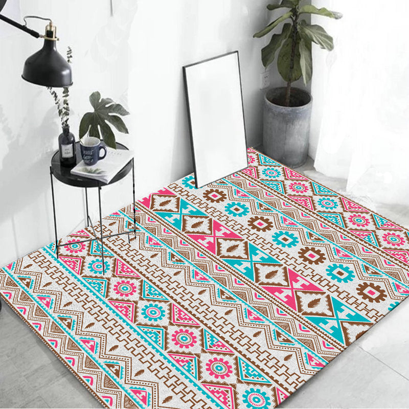 Avtoit | Banded Tribal printed rug with Native symbols washable non-slip stain-resistant rug for the bedroom in blue and pink