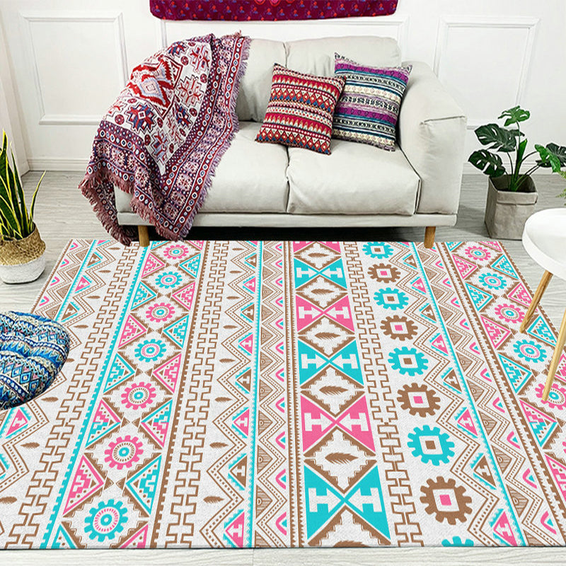 Avtoit | Banded Tribal printed rug with Native symbols washable non-slip stain-resistant rug for the bedroom in blue and pink