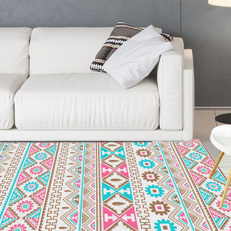 Avtoit | Banded Tribal printed rug with Native symbols washable non-slip stain-resistant rug for the bedroom in blue and pink
