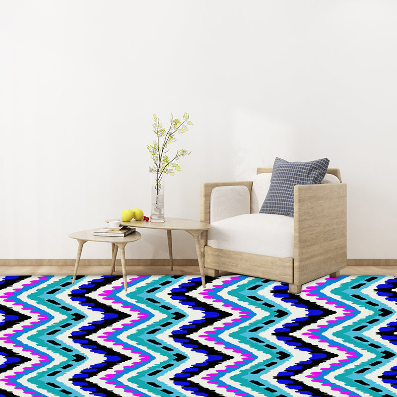 Avtoit | Zigzag Chevron Stripe Area Rug in Blue and Purple Polyester Pet-Friendly Stain-Resistant Flooring
