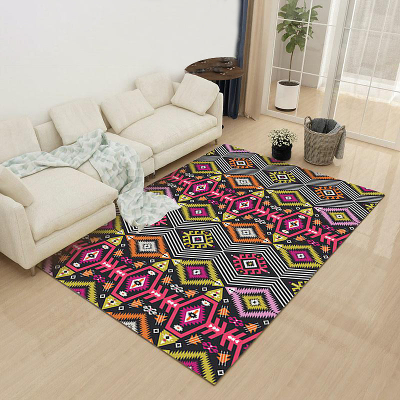 Avtoit | Yellow Pink Ancestral Diamond Carpet with Tribal Symbols Polyester Washable Pet-Friendly Area Rug for Fireplace