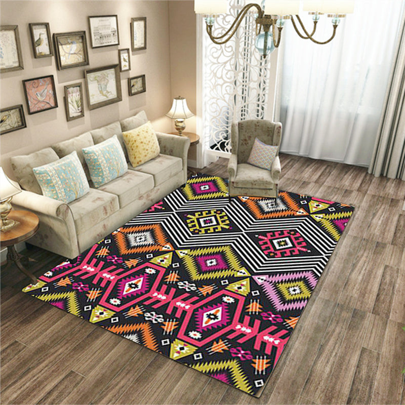 Avtoit | Yellow Pink Ancestral Diamond Carpet with Tribal Symbols Polyester Washable Pet-Friendly Area Rug for Fireplace