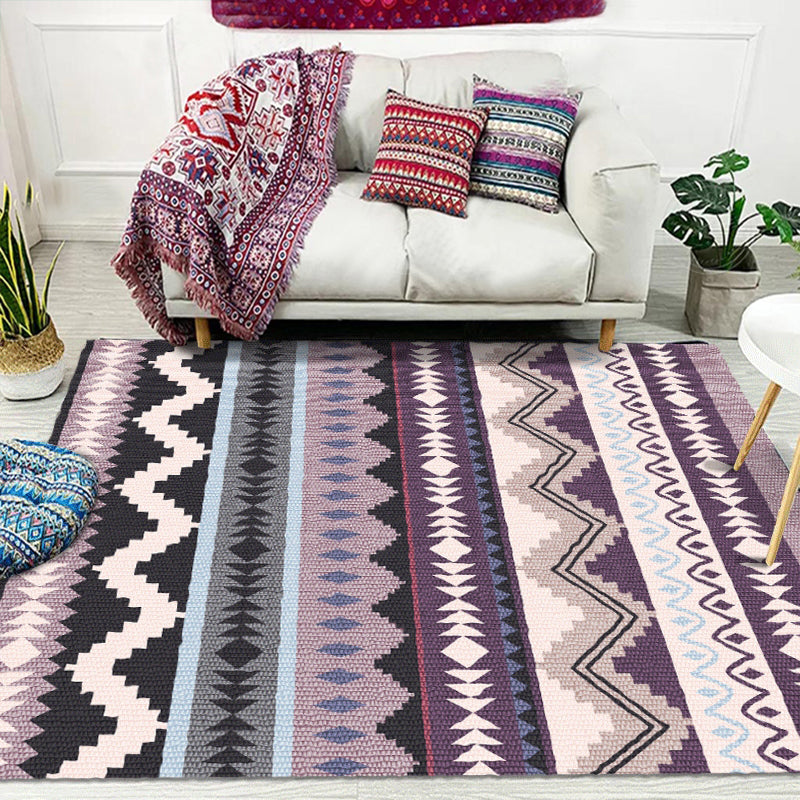 Avtoit | Purple Striped Chevron Geometric Rug Indian Tribal Indoor Mat Synthetic Non-Slip Power Loom Rug for Living Room