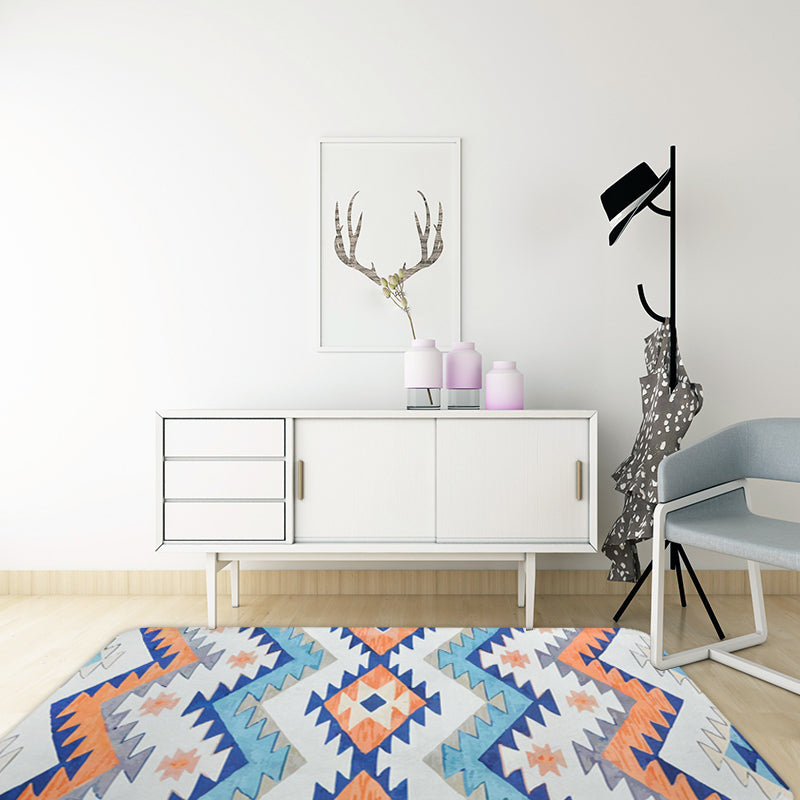 Avtoit | Striped Aztec Tokens Tribal Rug in Orange and Blue Synthetic Non-Slip Pet Friendly Rug for Living Room in Gray