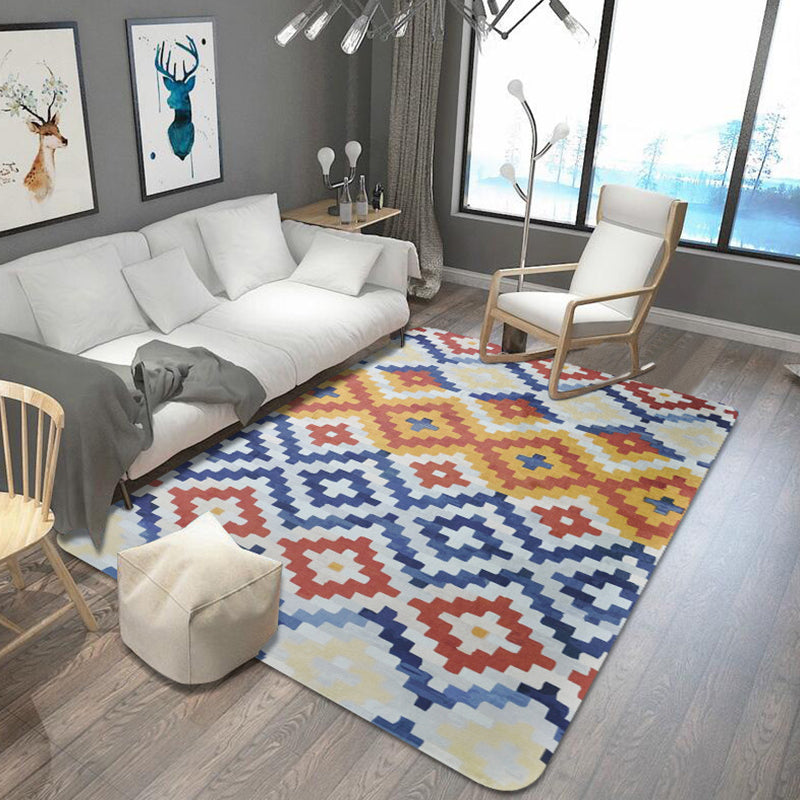 Avtoit | Tribal Ancestral Rug with Aztec Diamond in Orange and Blue, stain-resistant Power Loom rug for the bedroom