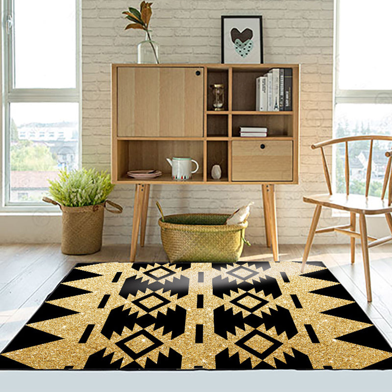 Avtoit | Zigzag Tribal-Diamond Rug in Gold and Black Polyester Non-Slip Back Power Loom Indoor Rug