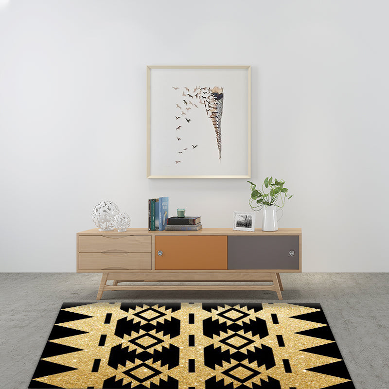 Avtoit | Zigzag Tribal-Diamond Rug in Gold and Black Polyester Non-Slip Back Power Loom Indoor Rug
