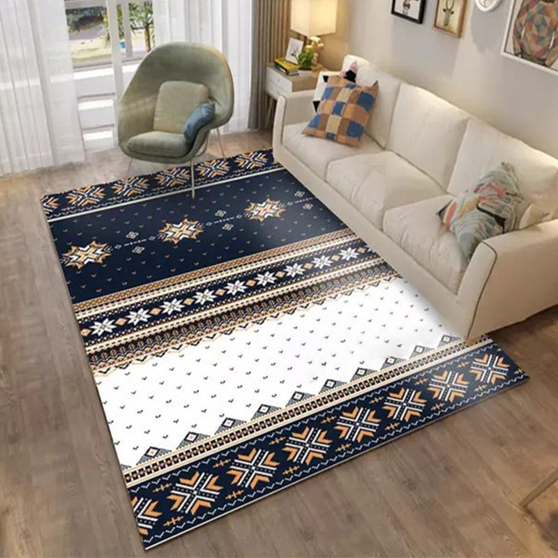 Avtoit | Blue Banded Tribal Carpet with Dots Artificial Anti-Slip Power Loom Flooring Carpet for the Living Room