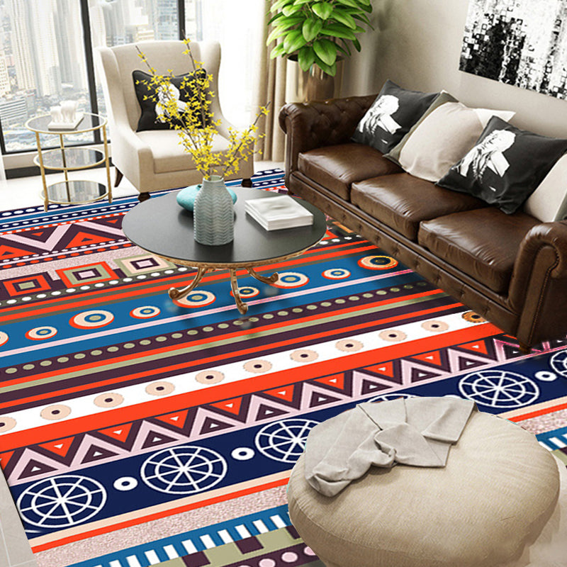 Avtoit | Blue and Red Americana Tribal Rug Striped Geometric Polyester Pet-Friendly Stain-Resistant Area Rug for Accent Area