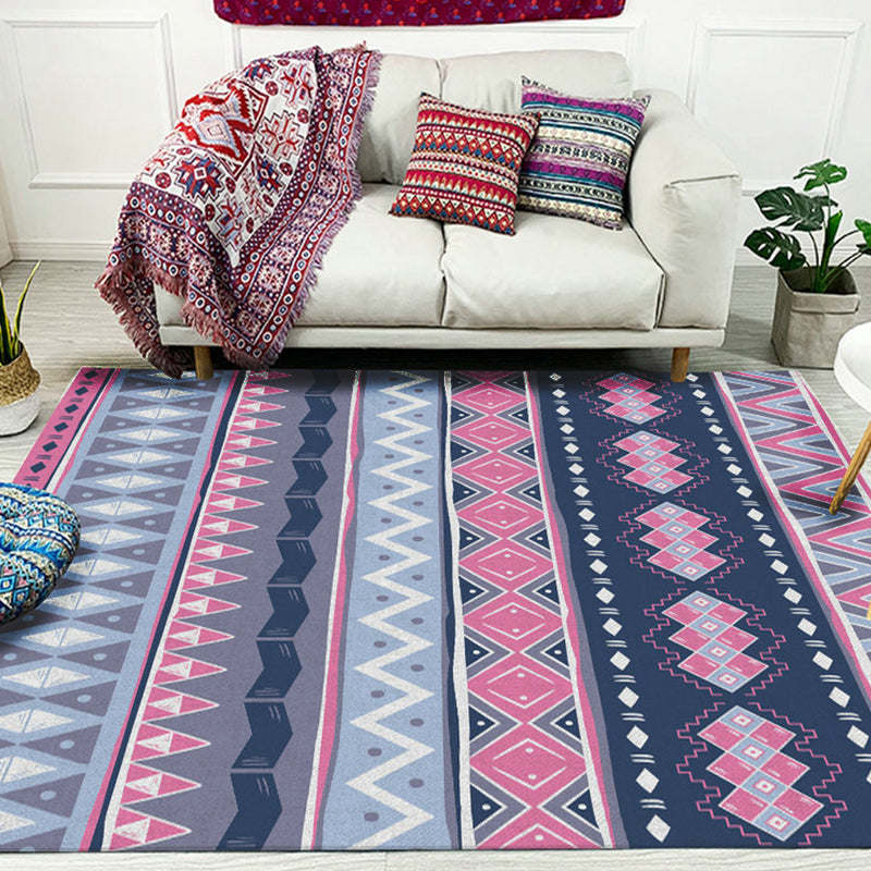 Avtoit | Blue Pink Striped Geometric Rug Americana Tribal Polyester Rug Pet Friendly Stain Resistant Area Rug for Fireplace