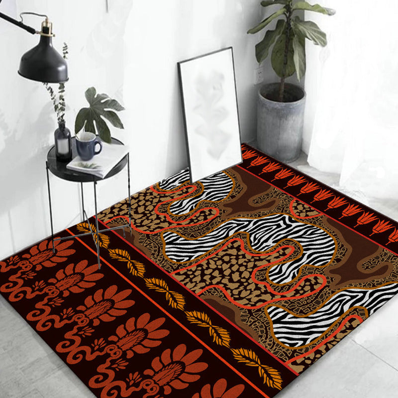 Avtoit | Paisley and Leopard Tribal Rug in Orange Indian Americana Scroll Synthetic Flooring Pet Friendly Stain Resistant Indoor Carpet