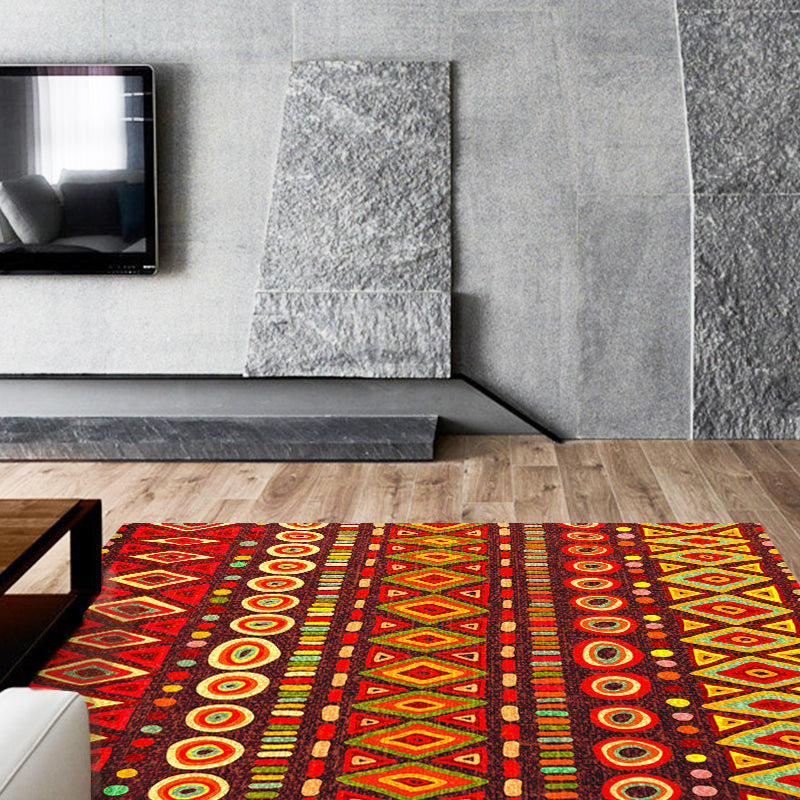 Avtoit | Dark Red Americana Tribal Carpet Striped Geometric Polyester Pet Friendly Stain Resistant Rug for Accent Area