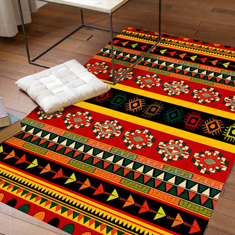 Avtoit | Dark Red Americana Tribal Carpet Striped Geometric Polyester Pet Friendly Stain Resistant Rug for Accent Area