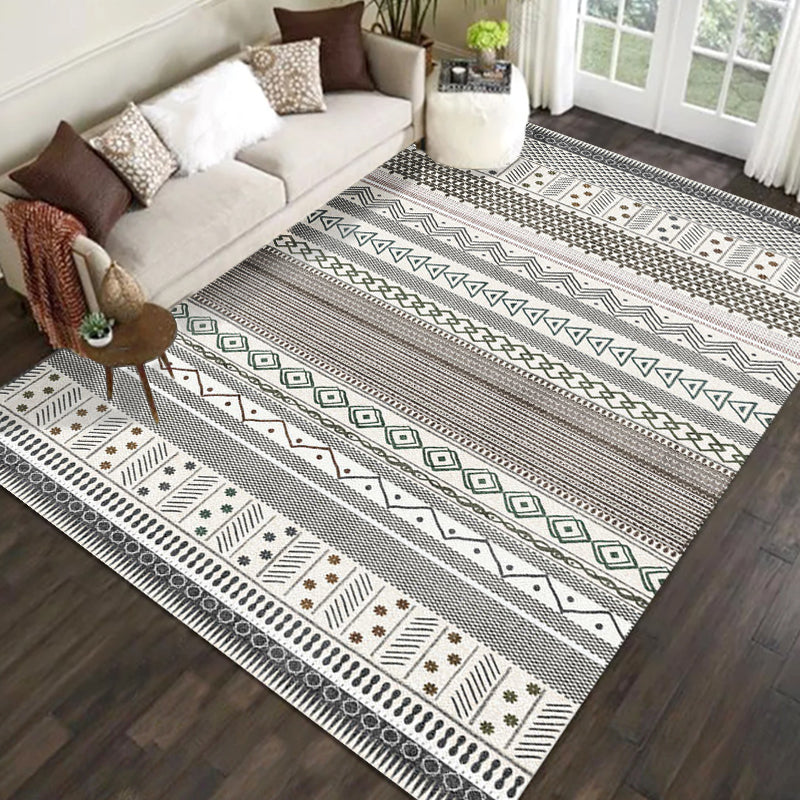 Avtoit | Bohemian Striped Geometric Rug Fabric Rug for Living Room Non-Slip Back Rug in Light Green and Brown