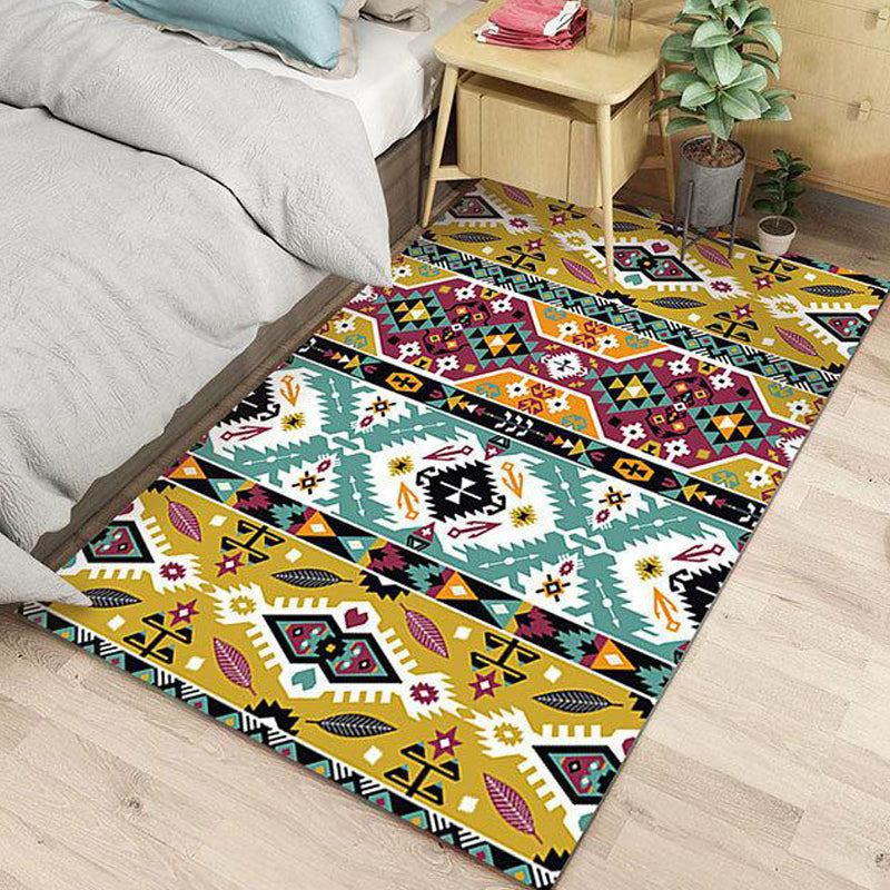Avtoit | Striped geometric Indian tribal rug with botanical motifs and bows, polyester stain-resistant rug in yellow and green