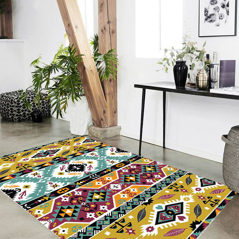 Avtoit | Striped geometric Indian tribal rug with botanical motifs and bows, polyester stain-resistant rug in yellow and green