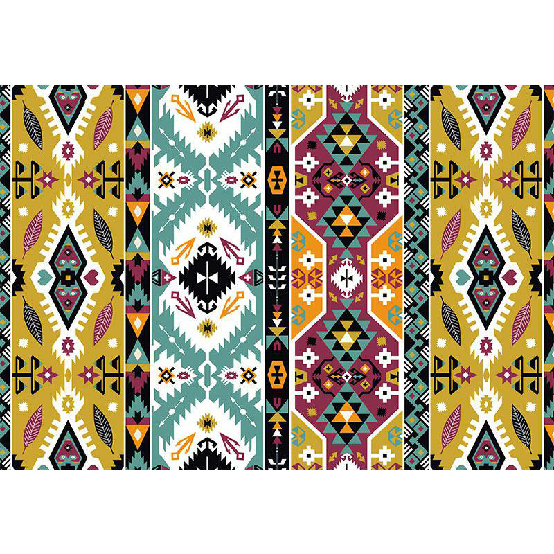 Avtoit | Striped geometric Indian tribal rug with botanical motifs and bows, polyester stain-resistant rug in yellow and green