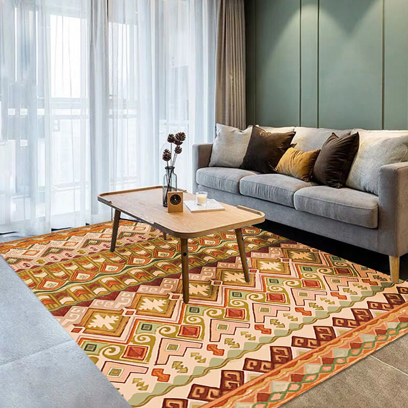 Avtoit | Orange Americana Indoor Mat Striped Indian Tribal Graphic Rug with Feather Headscarf Synthetic Non-Slip Backing Rug