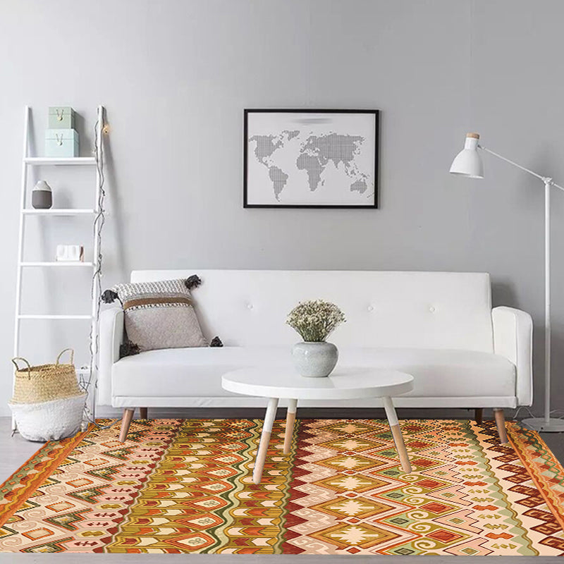 Avtoit | Orange Americana Indoor Mat Striped Indian Tribal Graphic Rug with Feather Headscarf Synthetic Non-Slip Backing Rug