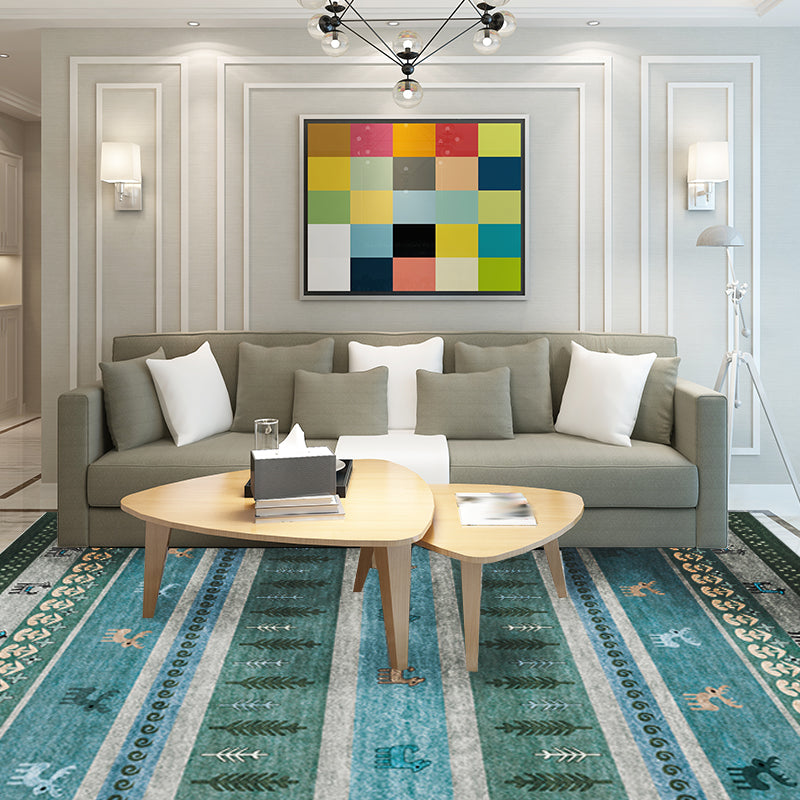 Avtoit | Bohemian striped geometric rug with botanical and animal motifs synthetic non-slip backing pet-friendly area rug