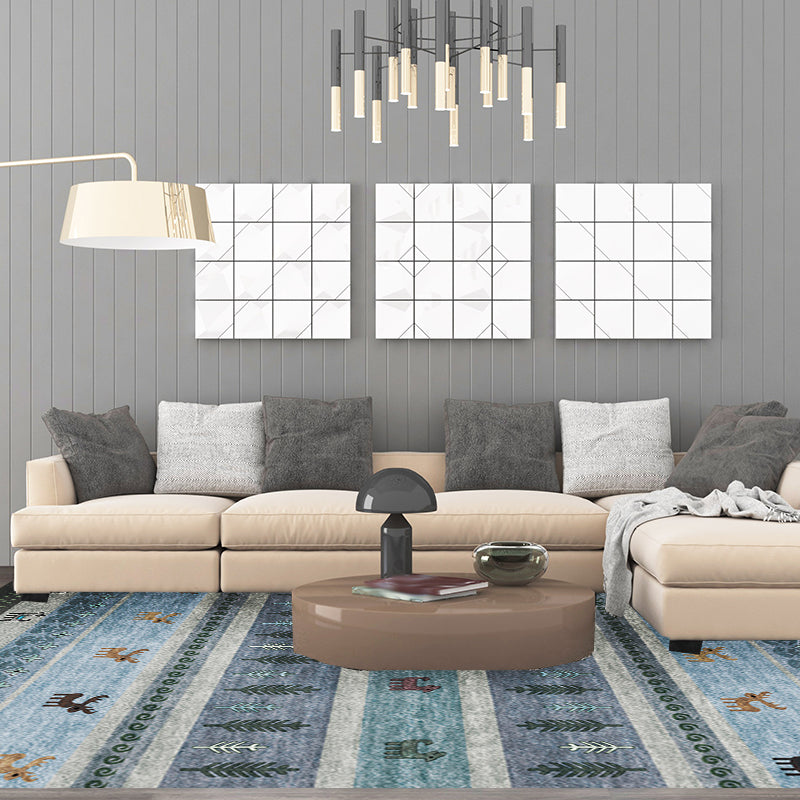 Avtoit | Bohemian striped geometric rug with botanical and animal motifs synthetic non-slip backing pet-friendly area rug