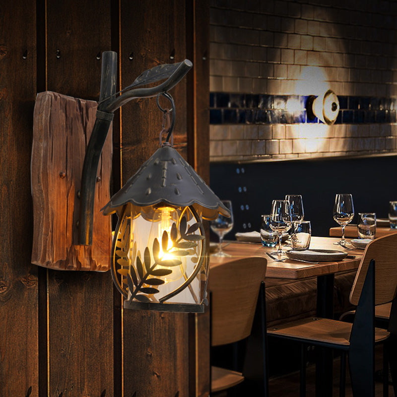 Avtoit | A wall lamp with a glass bulb and cylindrical shade made of clear glass, industrial wall lamp for the living room with leaf branch in black