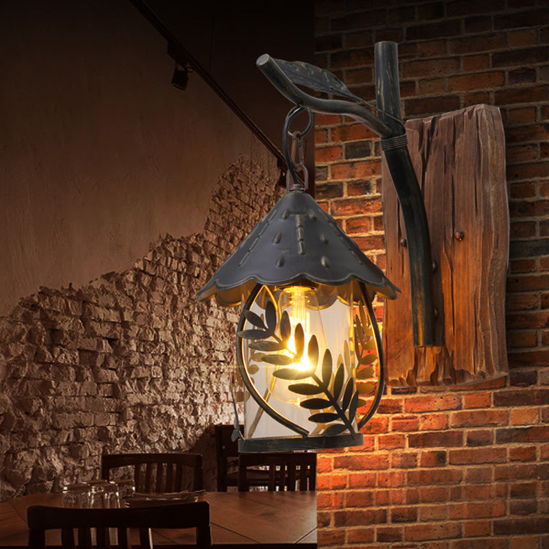 Avtoit | A wall lamp with a glass bulb and cylindrical shade made of clear glass, industrial wall lamp for the living room with leaf branch in black