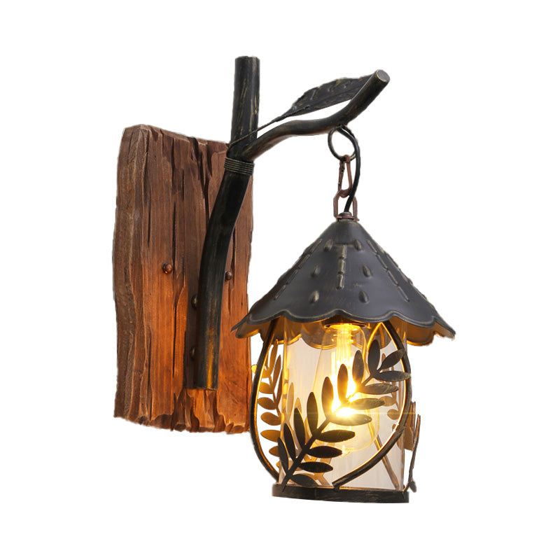 Avtoit | A wall lamp with a glass bulb and cylindrical shade made of clear glass, industrial wall lamp for the living room with leaf branch in black