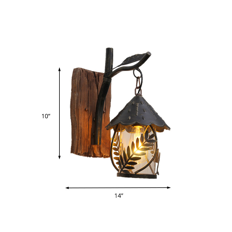 Avtoit | A wall lamp with a glass bulb and cylindrical shade made of clear glass, industrial wall lamp for the living room with leaf branch in black