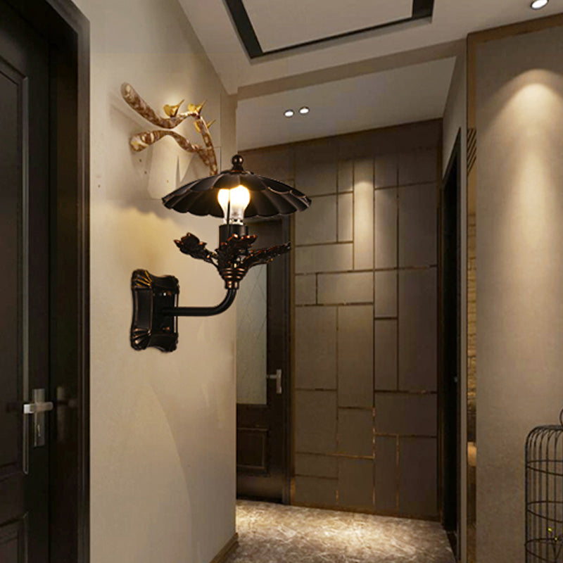 Avtoit | Metal Bronze Wall Lamp Cone 1-Light Industrial Wall Lamp with Leaf Decoration and Square Back Plate