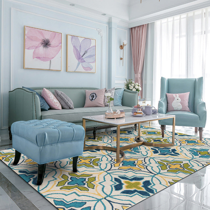 Avtoit | Ivorakariert Moroccan Carpet Polyester Geometric Floral Cross Print Rug Non-Slip Rug for Home Decor