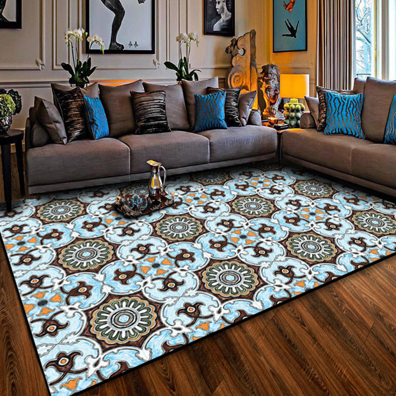 Avtoit | Blue and brown Moroccan carpet polyester floral pattern non-slip rug for home decor
