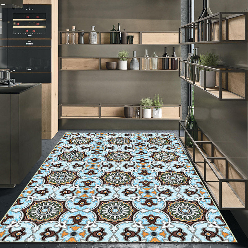 Avtoit | Blue and brown Moroccan carpet polyester floral pattern non-slip rug for home decor