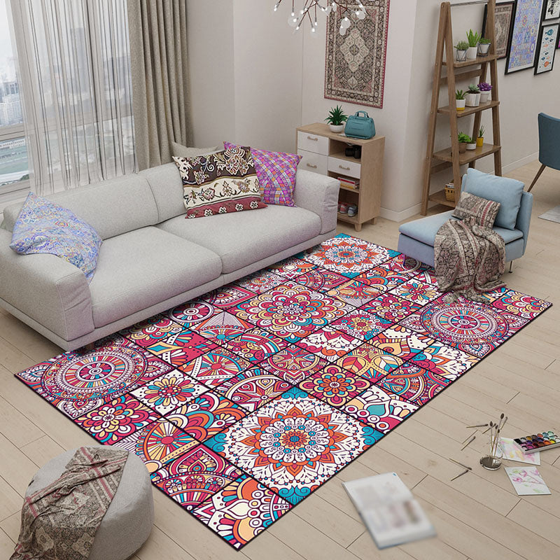 Avtoit | Mediterranean-Moroccan diamond pattern multicolored floral square rug made of polyester non-slip mat for the living room