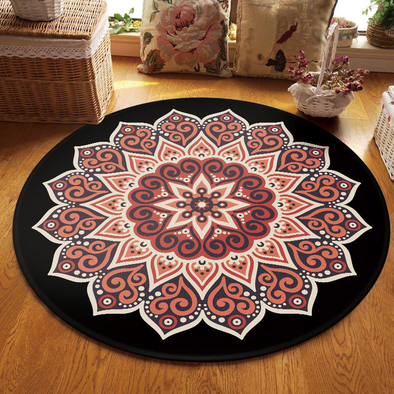 Avtoit | Retro Floral Rug Black and Red Moroccan Rug Polyester Non-Slip Back Rug for Bedroom