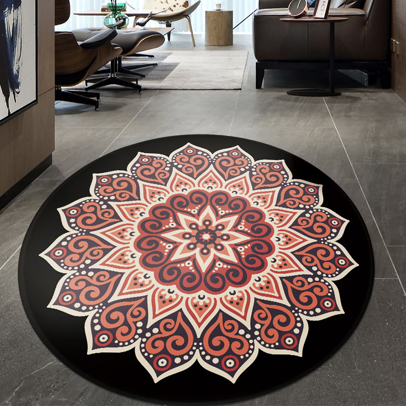 Avtoit | Retro Floral Rug Black and Red Moroccan Rug Polyester Non-Slip Back Rug for Bedroom