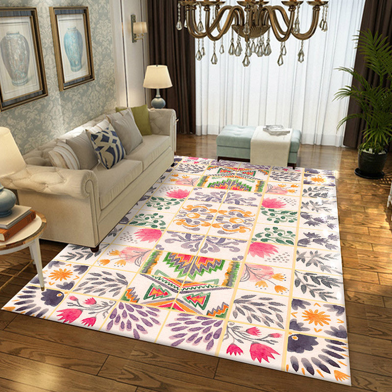 Avtoit | Moroccan Living Room Rug in White Floral Leaf Circle Print Rug Polyester Non-Slip Floor Mat