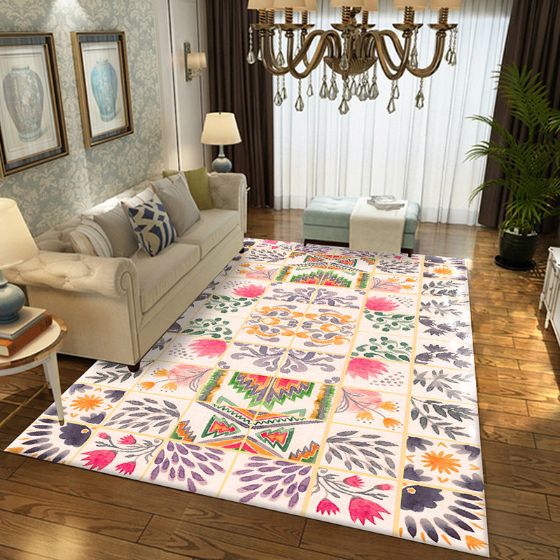 Avtoit | Moroccan Living Room Rug in White Floral Leaf Circle Print Rug Polyester Non-Slip Floor Mat